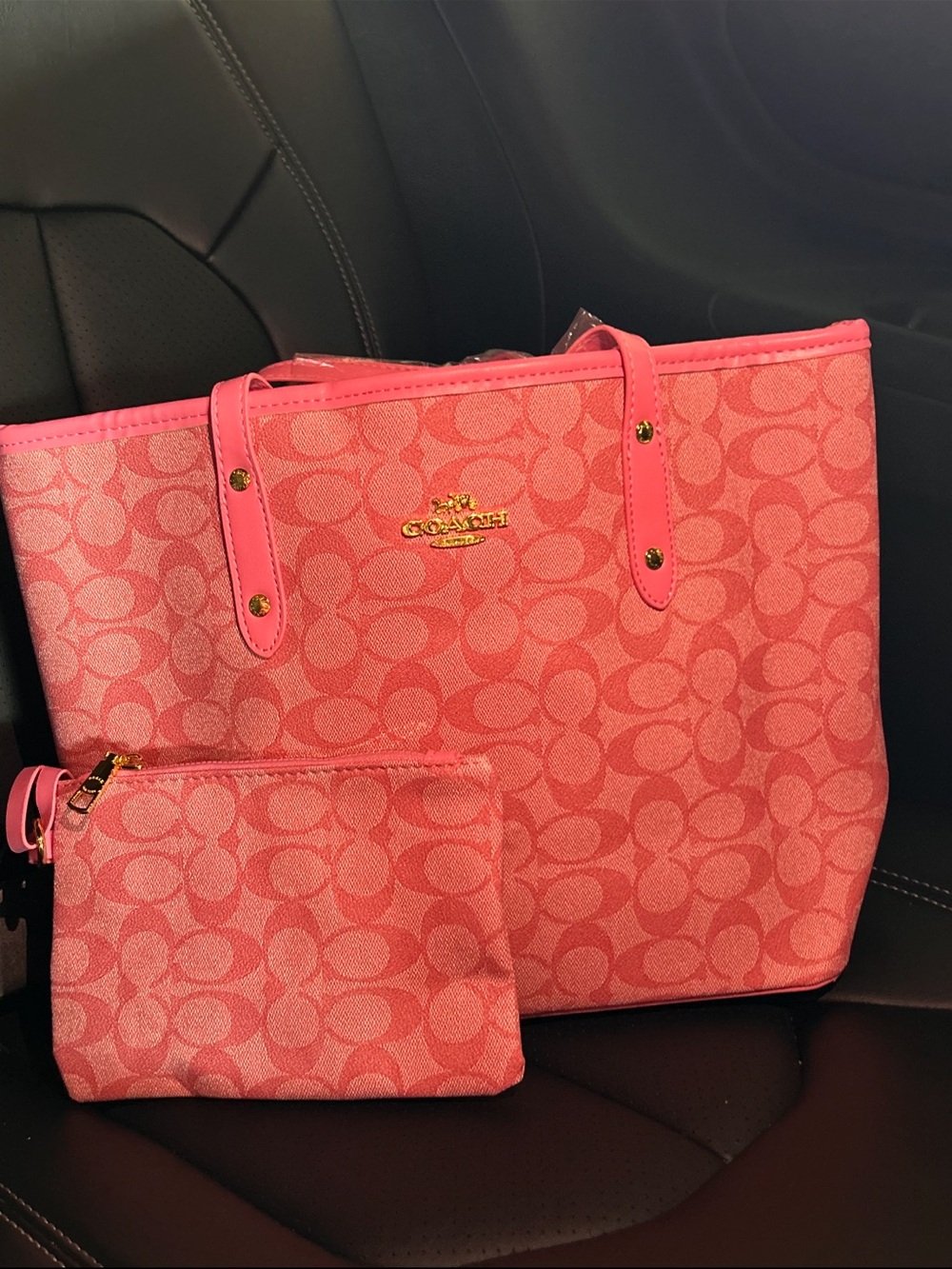 Coach Coral Pink Signature Tote with Matching Pouch